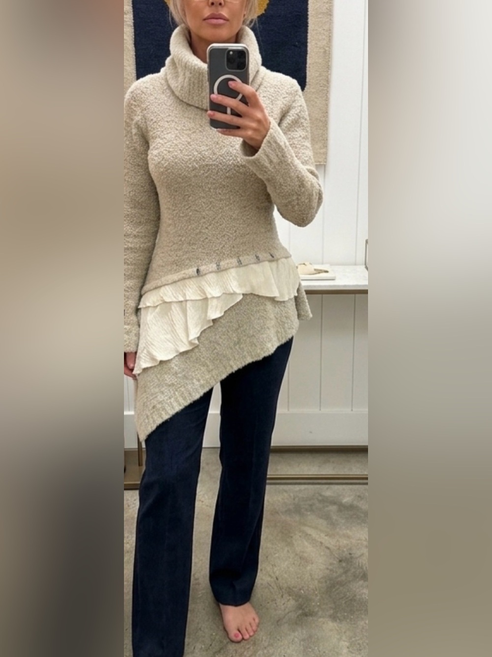 CATY LESCA Paris Asymmetric Hooded Ruffle Knit Tunic Sweater Alpaca Wool Size 2